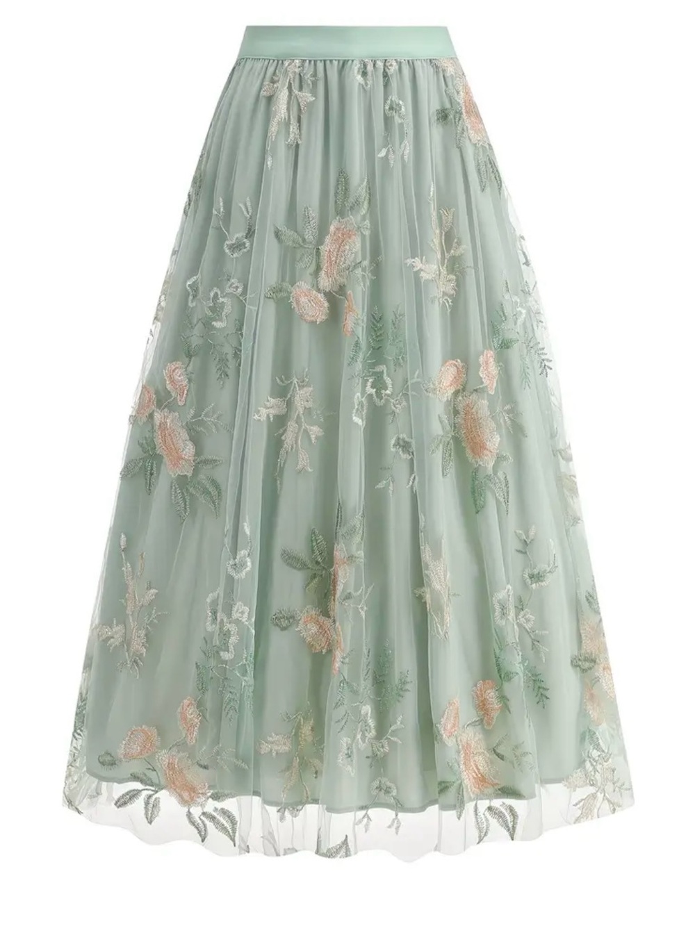 Embellished Mint Green Floral Tulle Midi Skirt